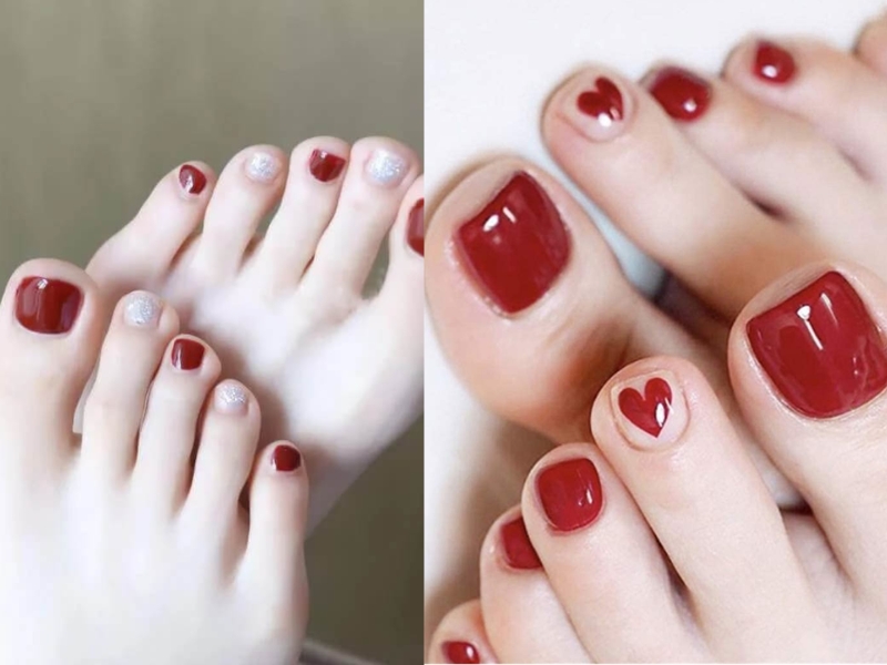 Mẫu nail chân màu đỏ cherry