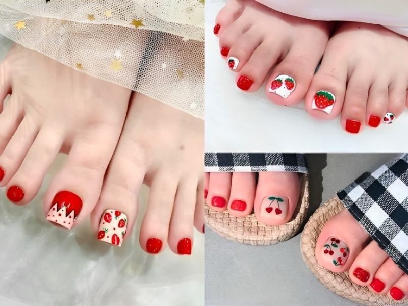 Nail chân màu đỏ vẽ hoa ấn tượng