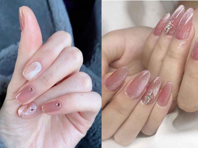 Mẫu nail hồng đất mix kim tuyến
