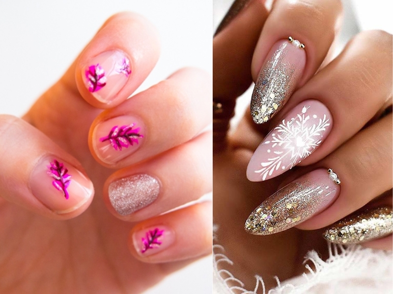 Mix nail hồng đất cùng họa tiết lông vũ