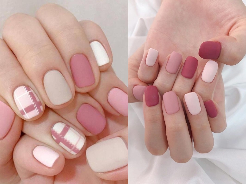 Mẫu nail hồng đất mix cùng màu trắng