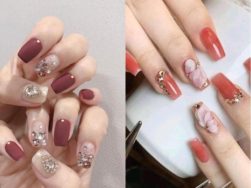 Mẫu nail hồng đất đính đá đầy sang trọng