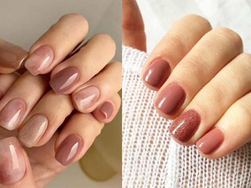 Kết hợp nail hồng đất cùng nhũ ánh kím