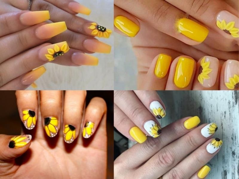 Mẫu nail màu vàng với họa tiết vẽ