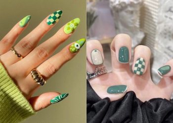 Mẫu nail xanh lá họa tiết caro