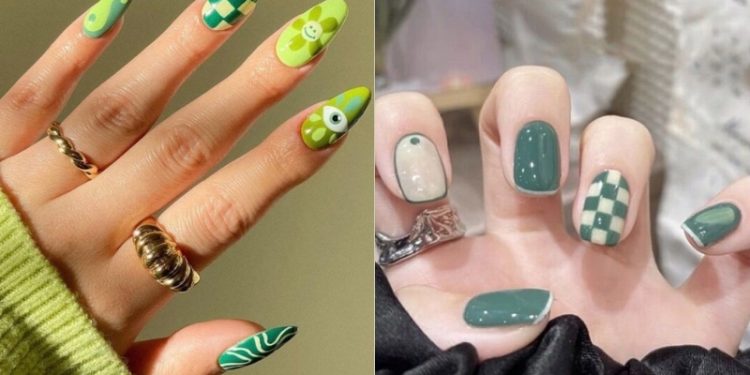 Mẫu nail xanh lá họa tiết caro