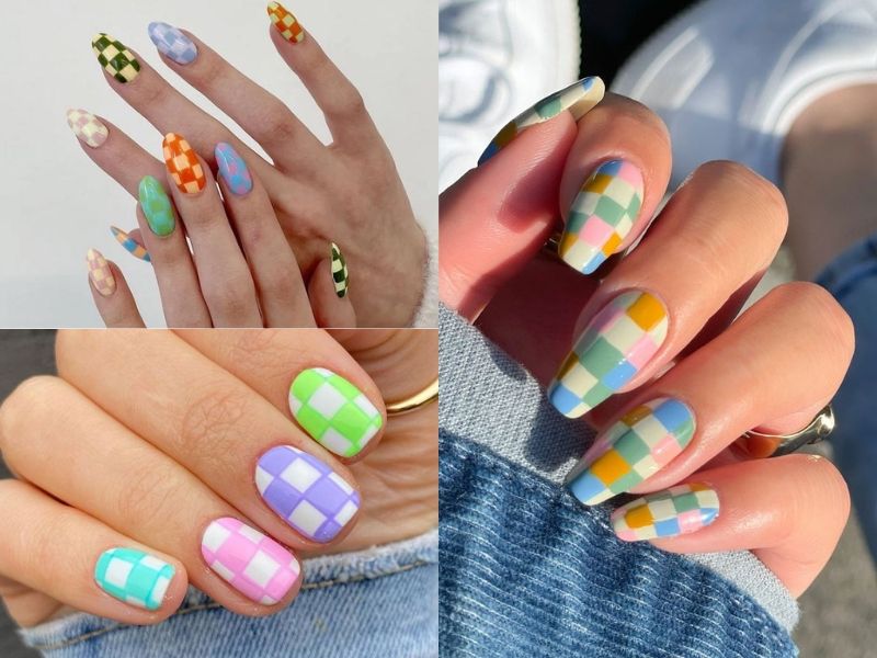 Mẫu nail kẻ caro mix nhiều màu