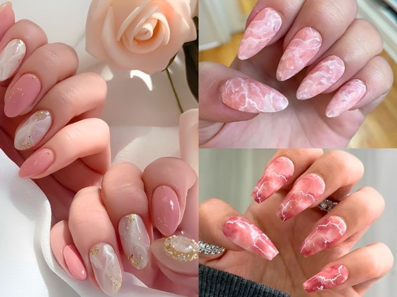 Kiểu nail vân đá màu hồng