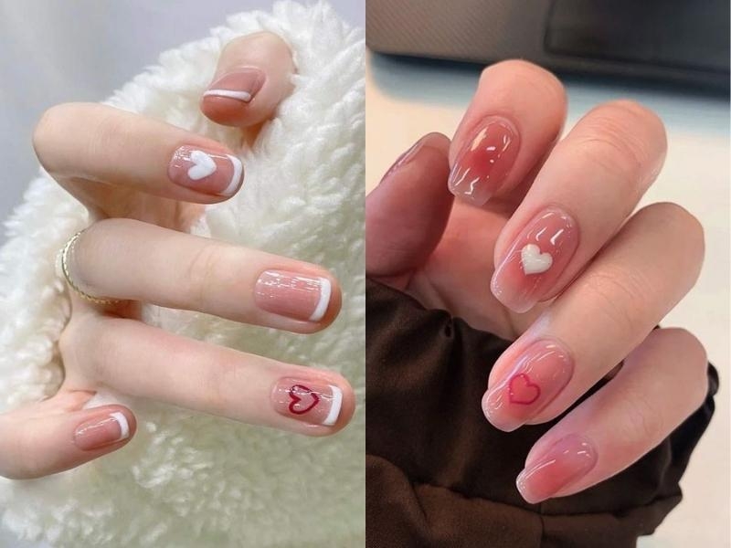 Mẫu nail màu hồng họa tiết trái tim